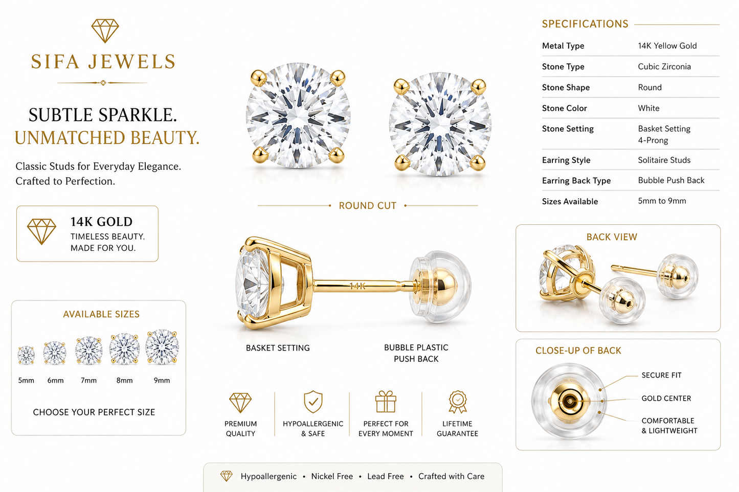 14K Yellow Gold Round Cubic Zirconia Stud Earrings