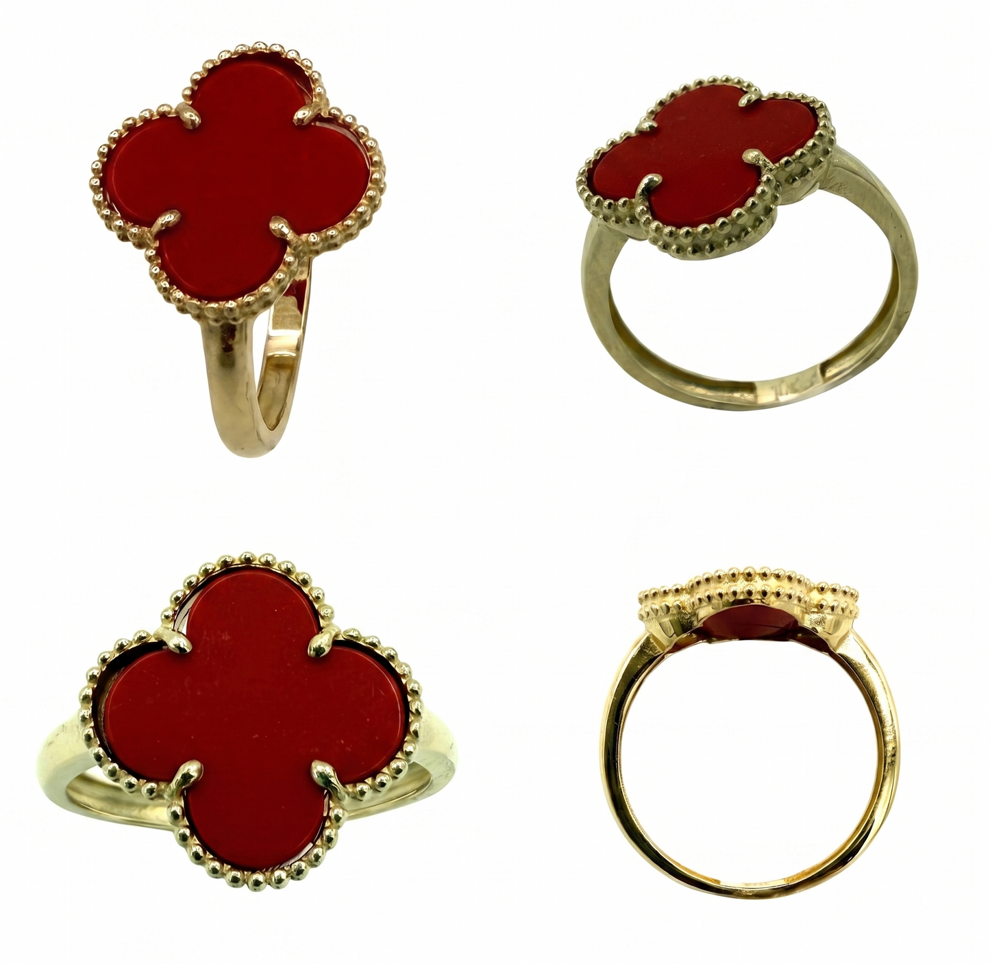 10K Yellow Gold Four-Leaf Clover Red Semi-Precious Stone Ring