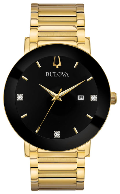 Bulova 97D116 men's Modern black dial yellow gold steel bracelet diamond watch