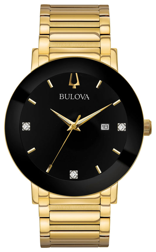 Bulova 97D116 men's Modern black dial yellow gold steel bracelet diamond watch