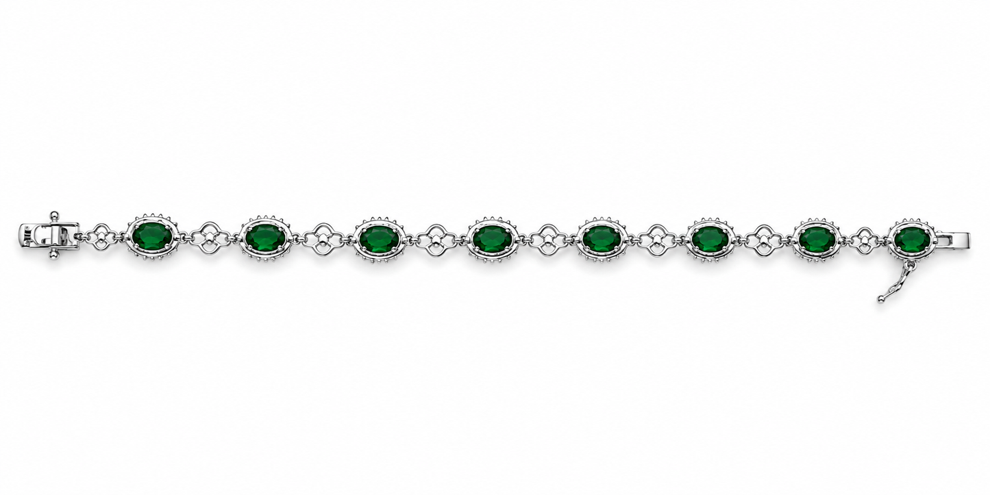 925 Sterling Silver Green Oval Stone Halo Tennis Bracelet