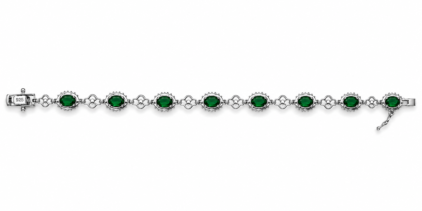925 Sterling Silver Green Oval Stone Halo Tennis Bracelet