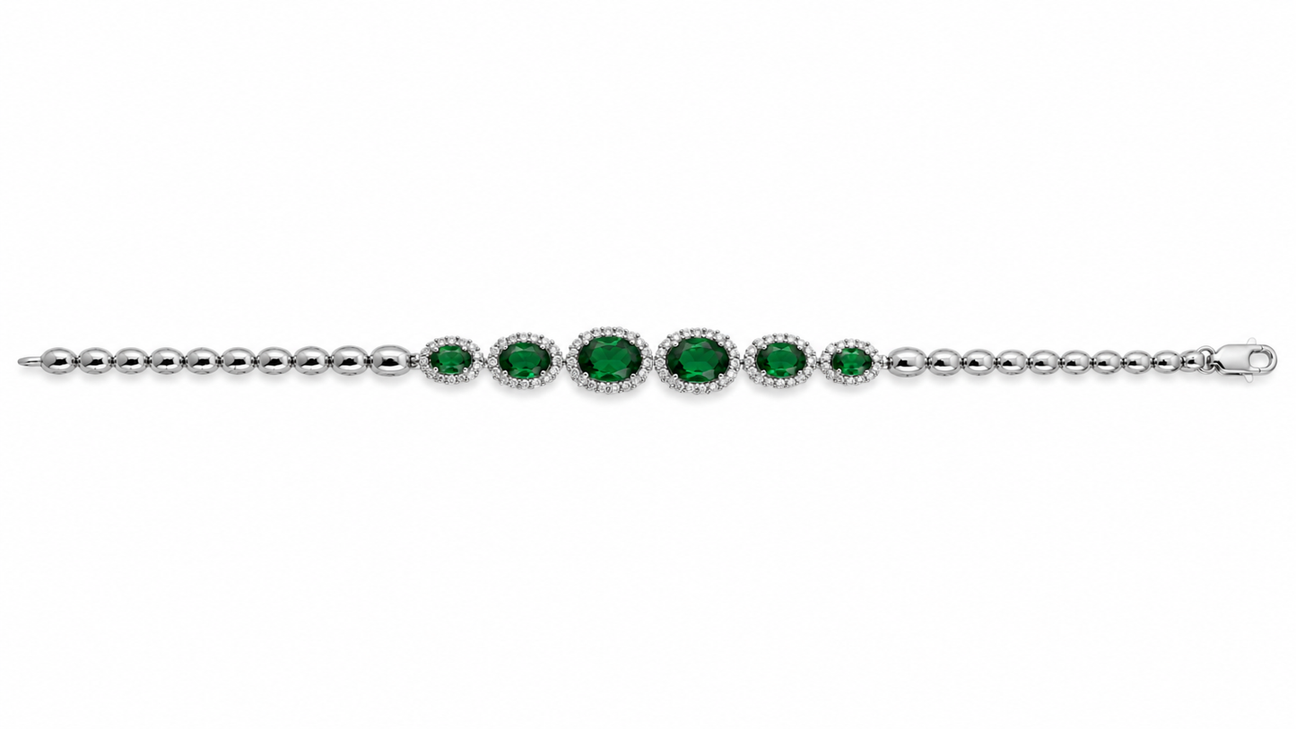 925 Sterling Silver Green Oval Stone Halo Tennis Bracelet