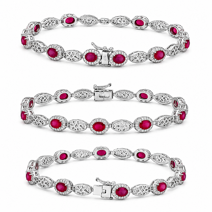 925 Sterling Silver Red Stones Halo Bracelet