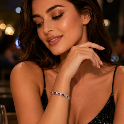 925 Sterling Silver Red Stones Halo Bracelet