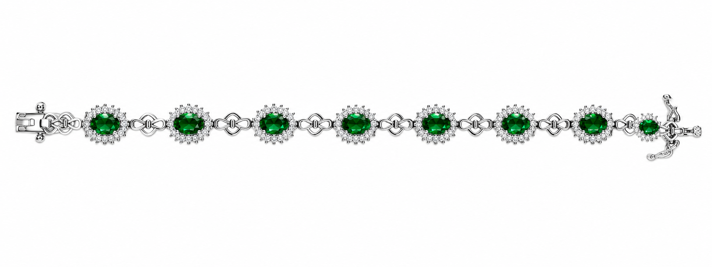 925 Sterling Silver Green Oval Stone Halo Tennis Bracelet