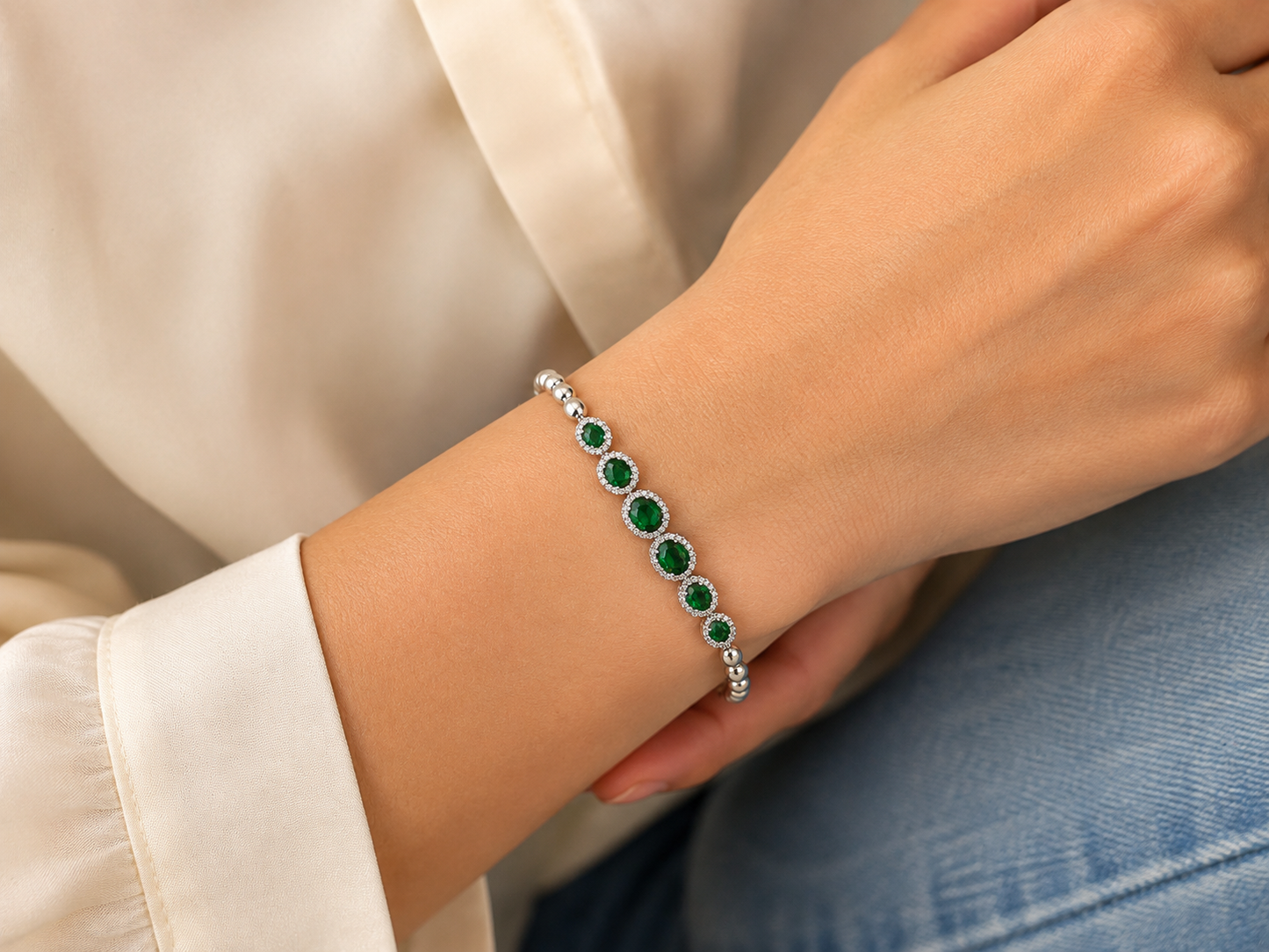 925 Sterling Silver Green Oval Stone Halo Tennis Bracelet