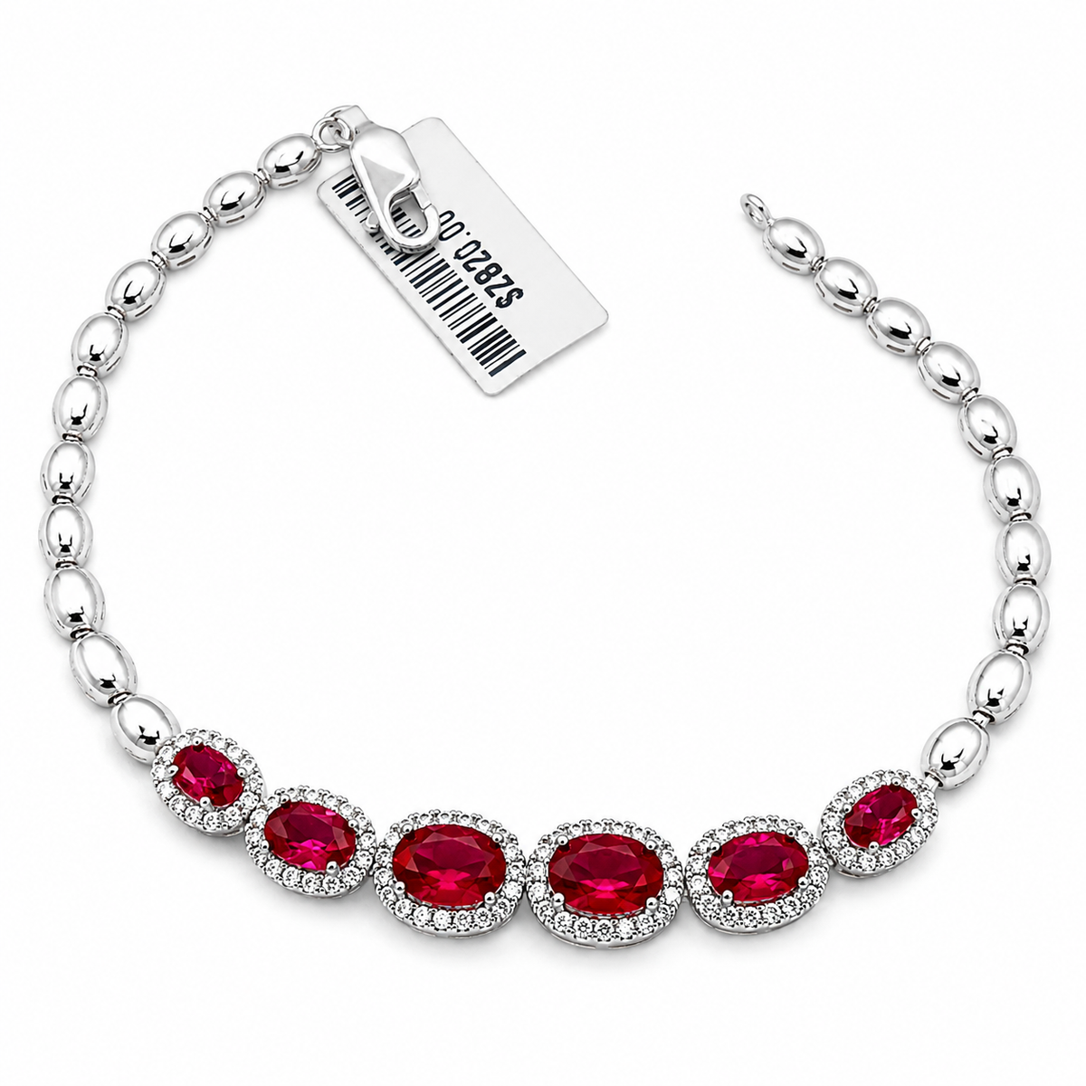 925 Sterling Silver Graduated Red CZ Halo Bracelet