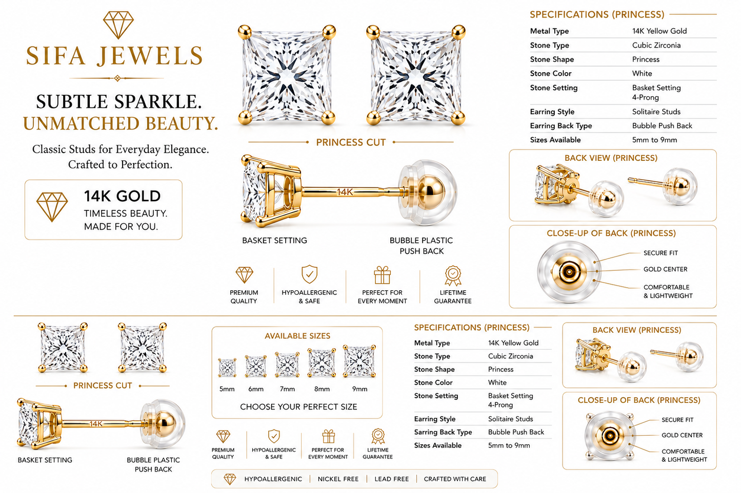 14K Gold Princess-Cut Stud Earrings