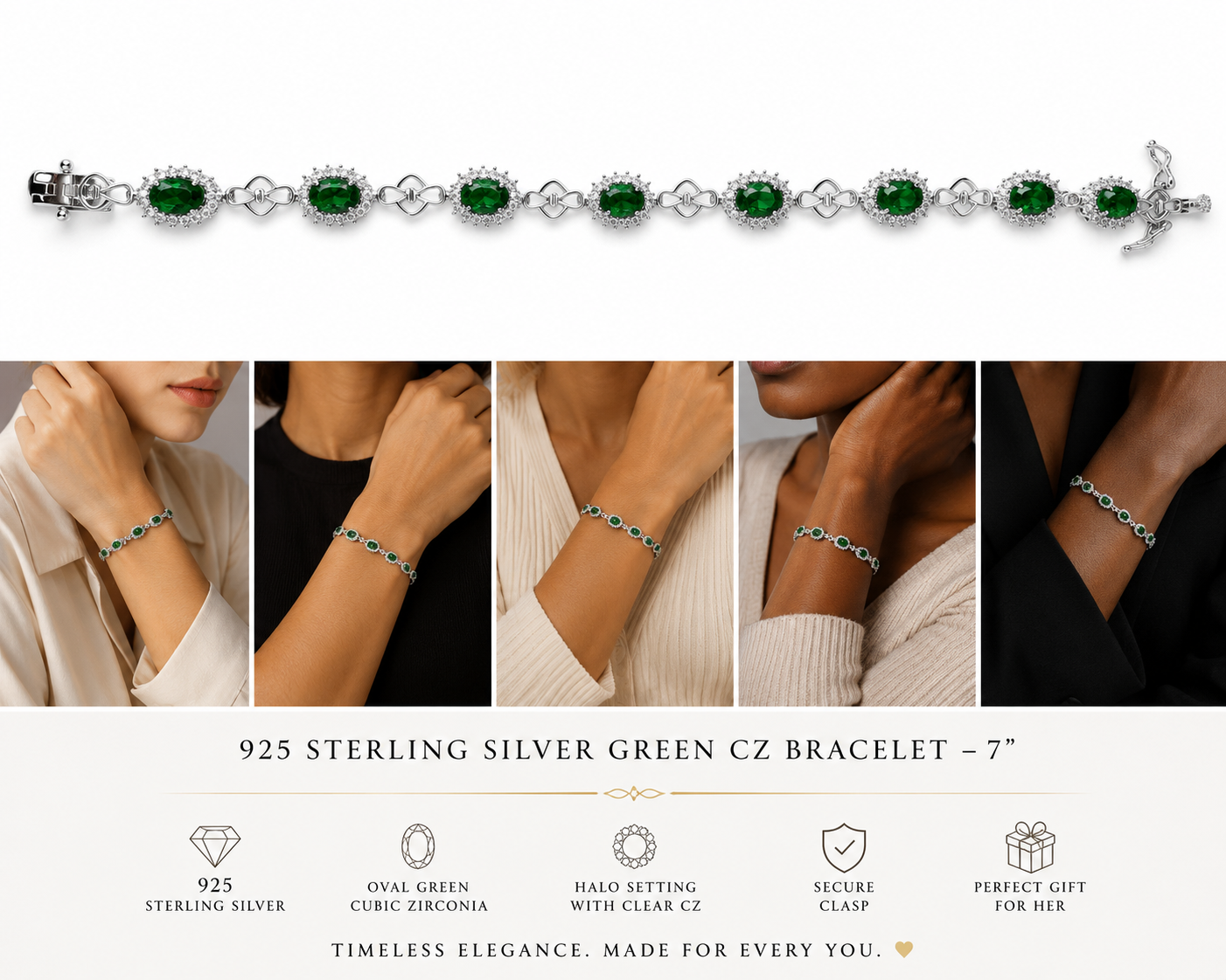 925 Sterling Silver Green Oval Stone Halo Tennis Bracelet