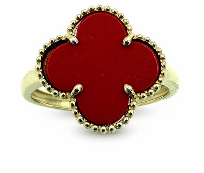 10K Yellow Gold Four-Leaf Clover Red Semi-Precious Stone Ring