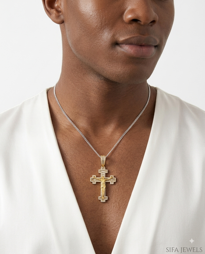 925 Sterling Silver 14K Gold-Plated CZ Crucifix Cross Pendant