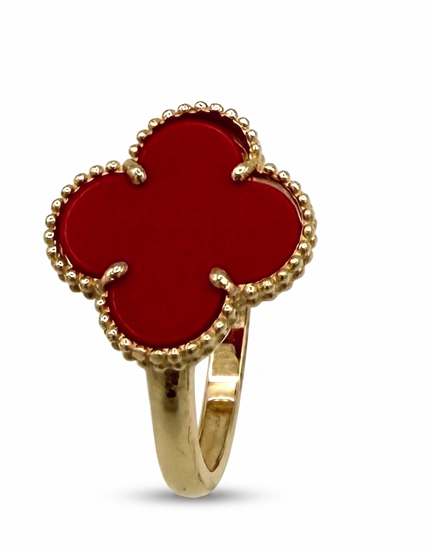 10K Yellow Gold Four-Leaf Clover Red Semi-Precious Stone Ring