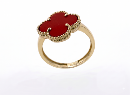 10K Yellow Gold Four-Leaf Clover Red Semi-Precious Stone Ring