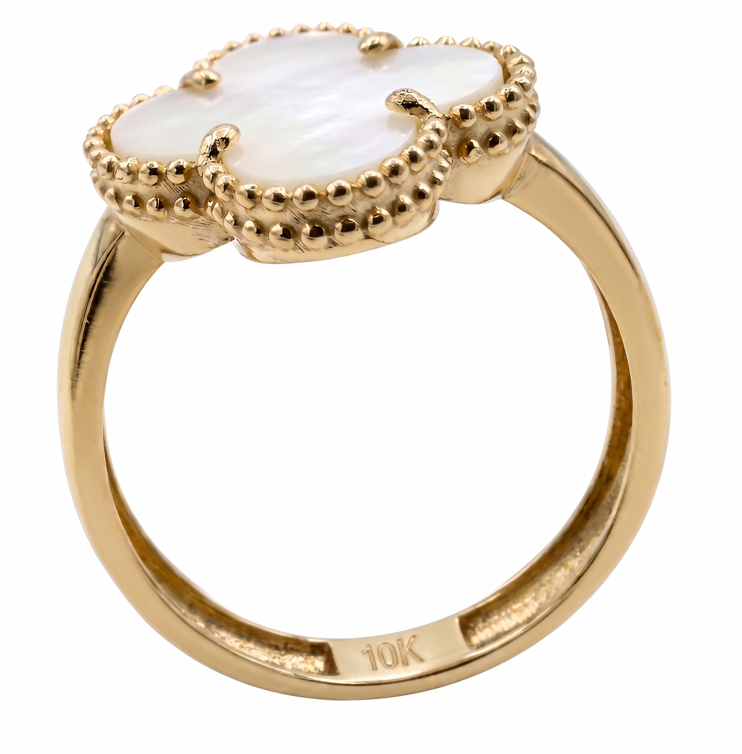 10K Yellow Gold Four-Leaf Clover White Mother of Pearl Semi-Precious Stone Ring
