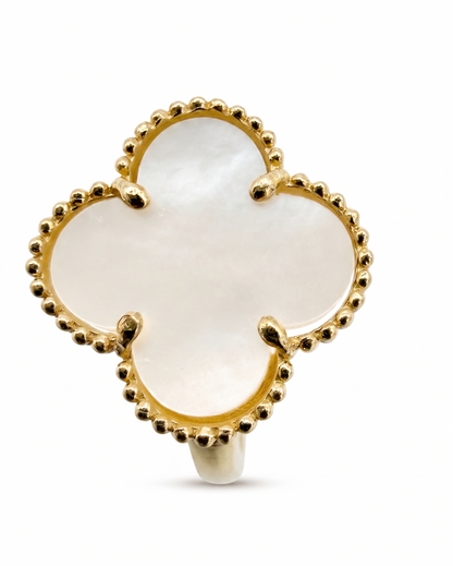 10K Yellow Gold Four-Leaf Clover White Mother of Pearl Semi-Precious Stone Ring