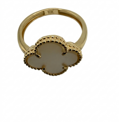10K Yellow Gold Four-Leaf Clover White Mother of Pearl Semi-Precious Stone Ring