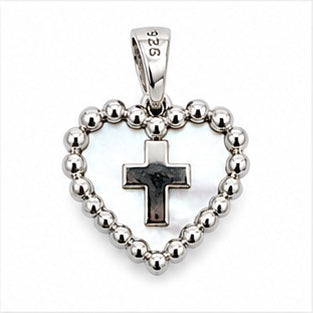 925 Sterling Silver Heart Cross Mother-of-Pearl Pendant