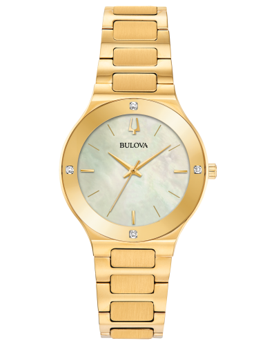 BULOVA Millennia Gold tone stainless steel Champagne mother of pearl dial featuring four diamonds
